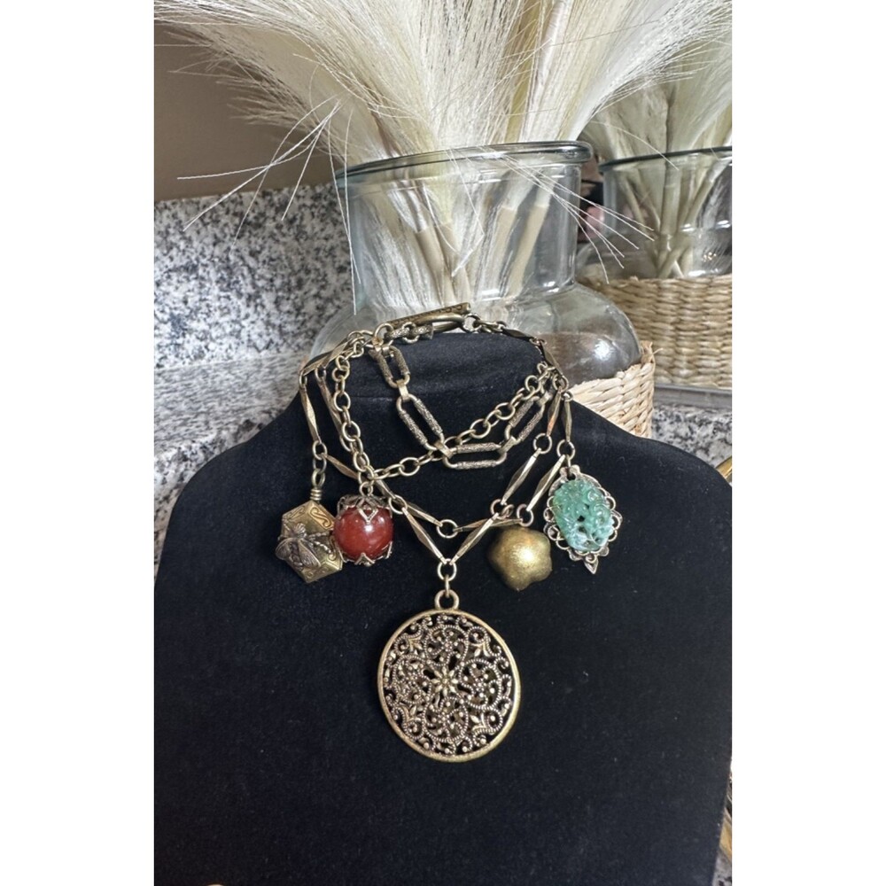 Vintage Bronze Multilayer Charm Bracelet 7" Bee Charm Locket Unique Toggle Clasp